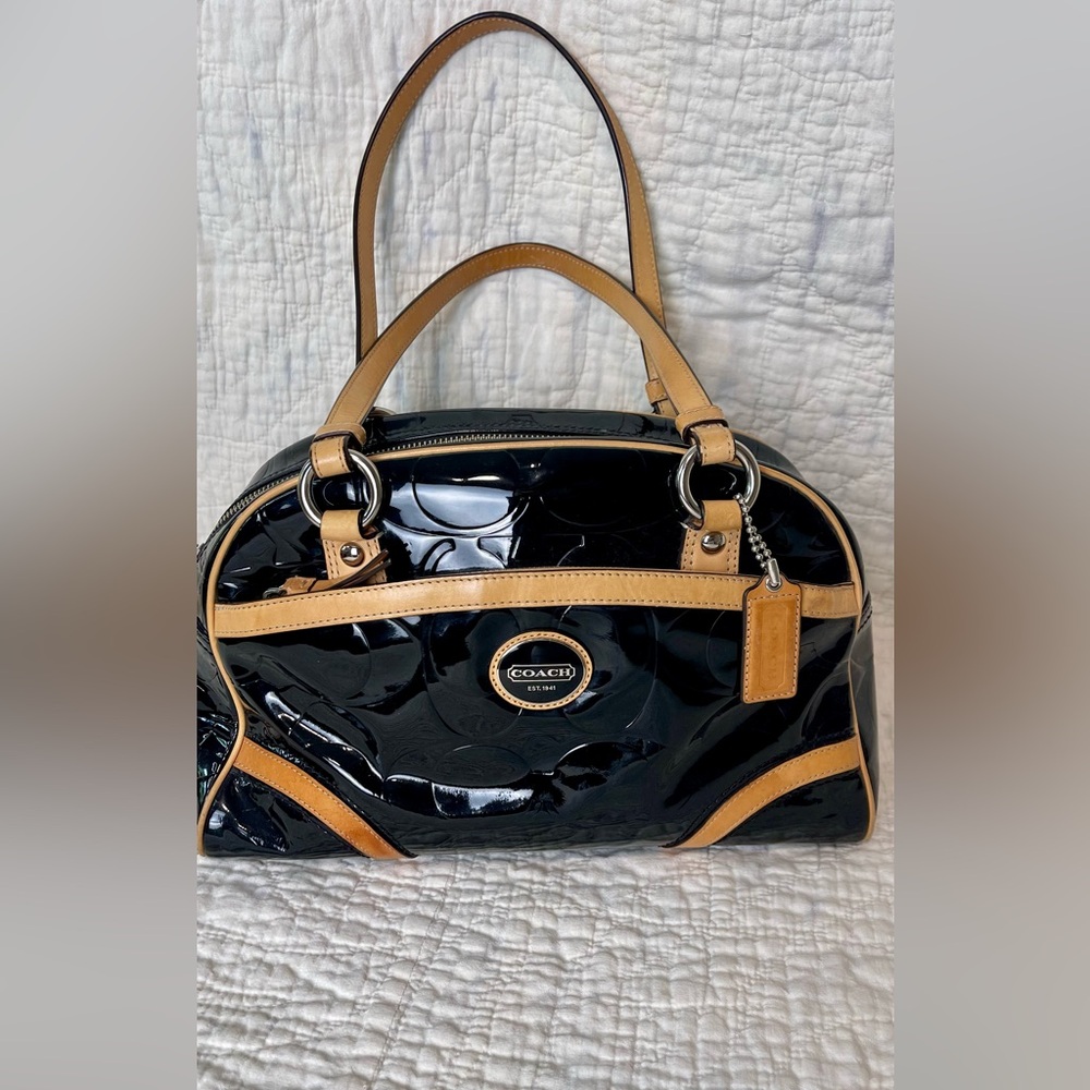 2012 COACH PEYTON BLACK EMBOSSED PATENT LEATHER SATCHEL